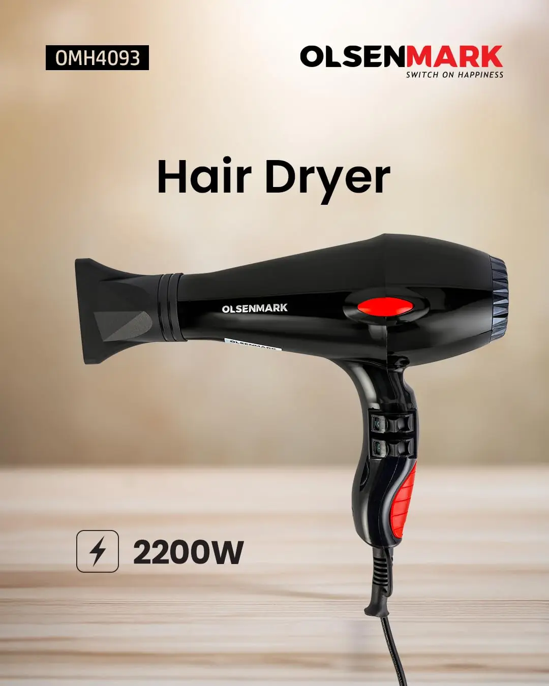 Black Olsenmark 2200W hair dryer with two speed and heat settings for fast, quiet, salon-style blowouts at home or on the go.