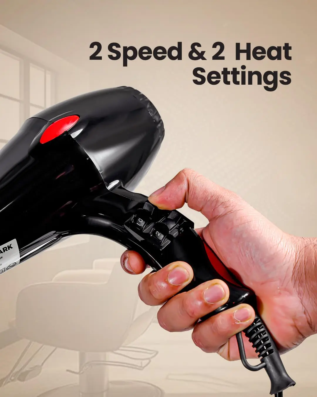 Black Olsenmark 2200W hair dryer with two speed and heat settings for fast, quiet, salon-style blowouts at home or on the go.