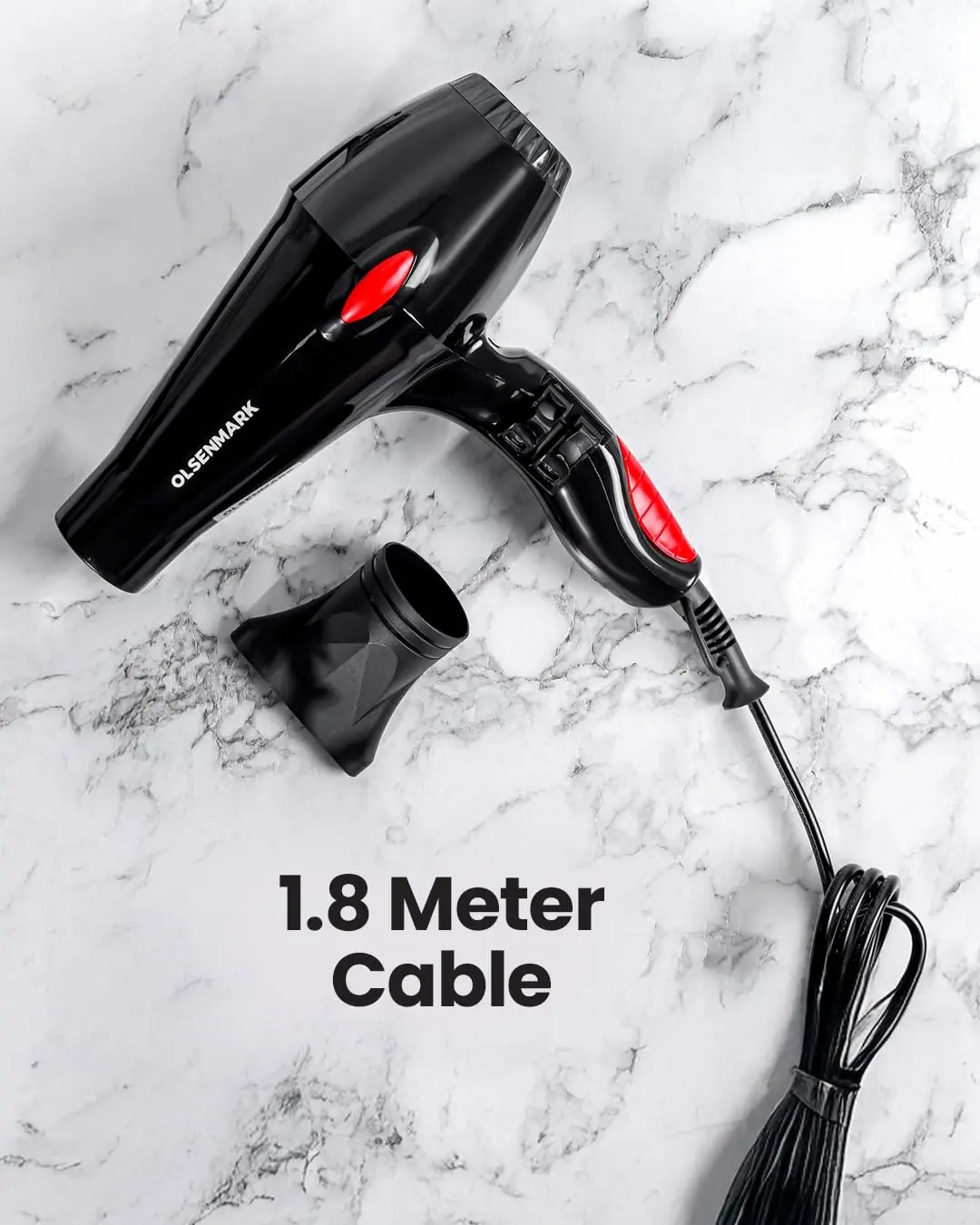 Black Olsenmark 2200W hair dryer with two speed and heat settings for fast, quiet, salon-style blowouts at home or on the go.