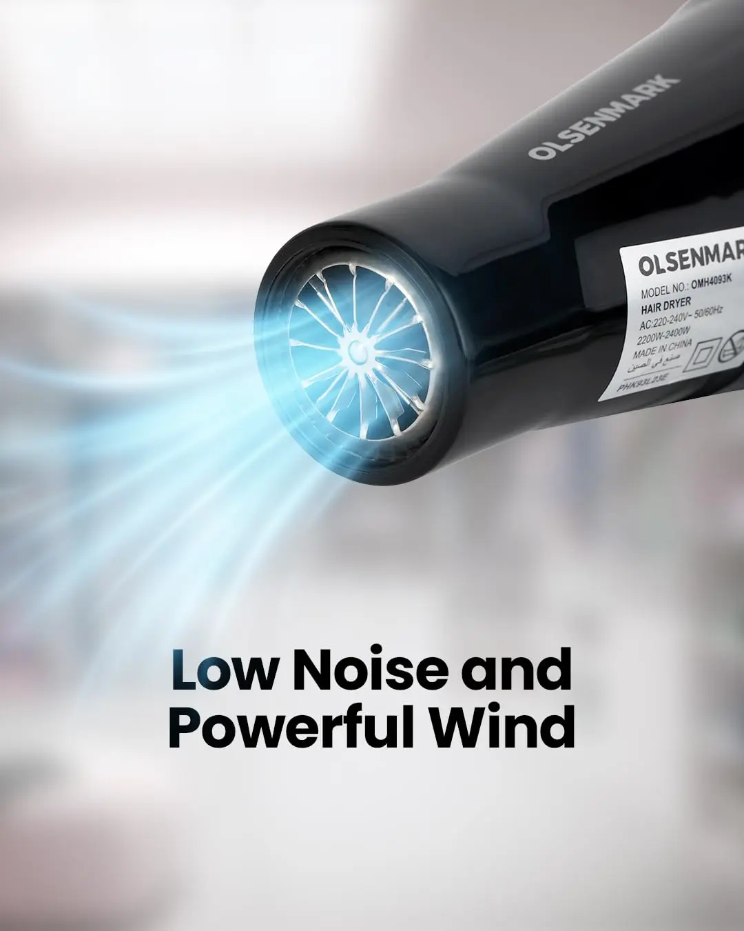 Black Olsenmark 2200W hair dryer with two speed and heat settings for fast, quiet, salon-style blowouts at home or on the go.