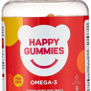 A bottle of Happy Gummies Omega 3 gummies, containing 60 gummy supplements for daily Omega-3 intake.
