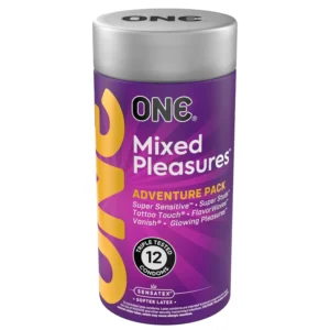 This is a twelve pack of ONE Mixed Pleasures assorted condoms.