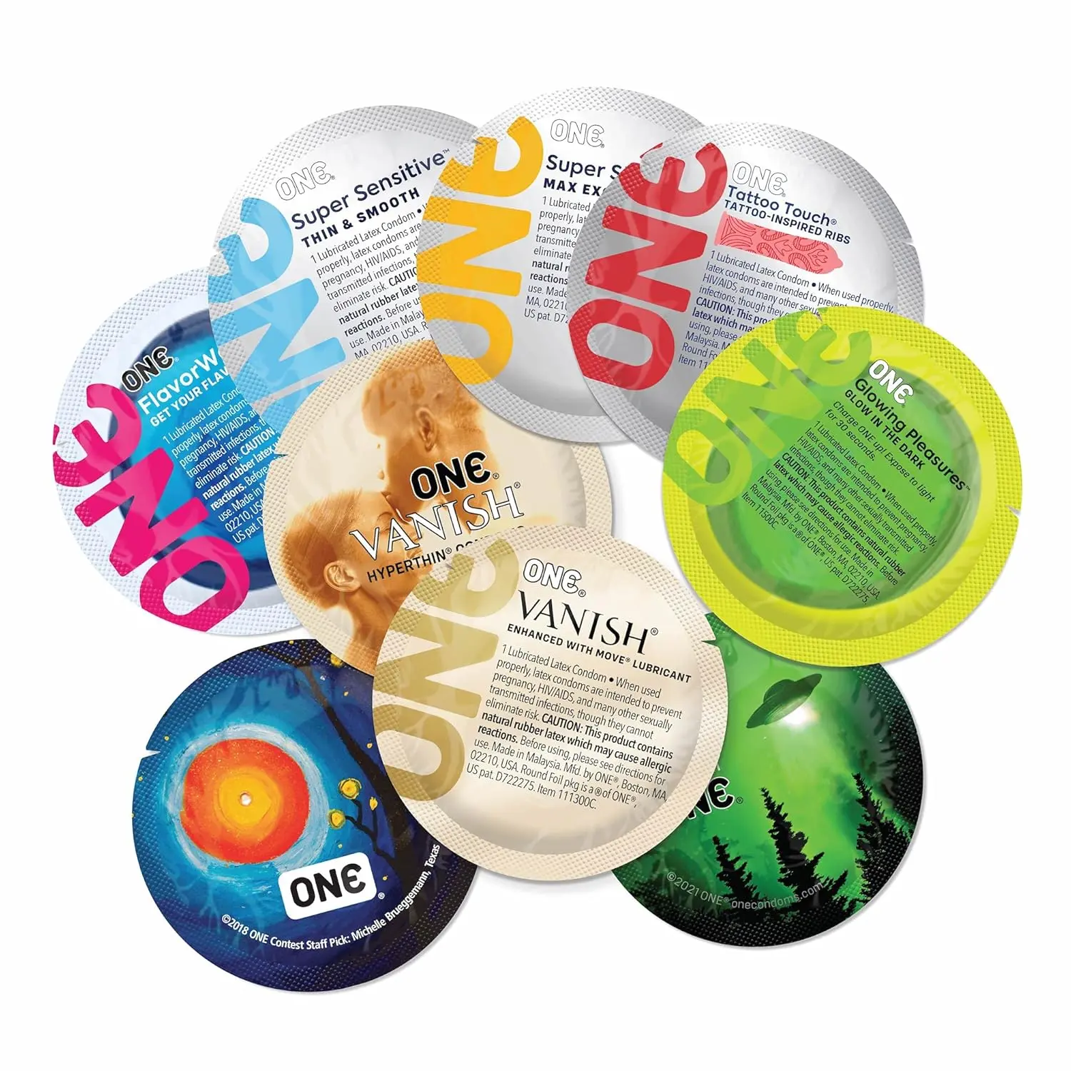 This is a twelve pack of ONE Mixed Pleasures assorted condoms.