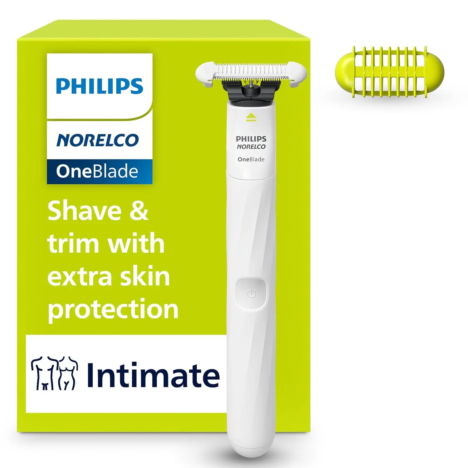 The Philips Norelco OneBlade intimate groomer with SkinProtect blade and body comb provides a comfortable trim for sensitive areas, wet or dry.