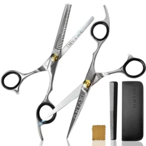 This Ontaki hair scissors and thinning shears kit is crafted from premium Japanese steel, featuring a 7-inch hair cutting scissor, thinning shear, stylish leather pouch, hair comb, and cleaning cloth, designed for professional and home stylists to achieve precise and comfortable haircuts.