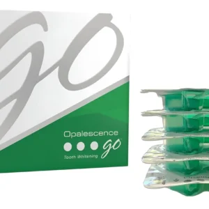 This image shows a four-pack of Opalescence Go 15% mint flavored teeth whitening trays designed to conveniently and effectively whiten teeth while reducing sensitivity and fighting tooth decay.