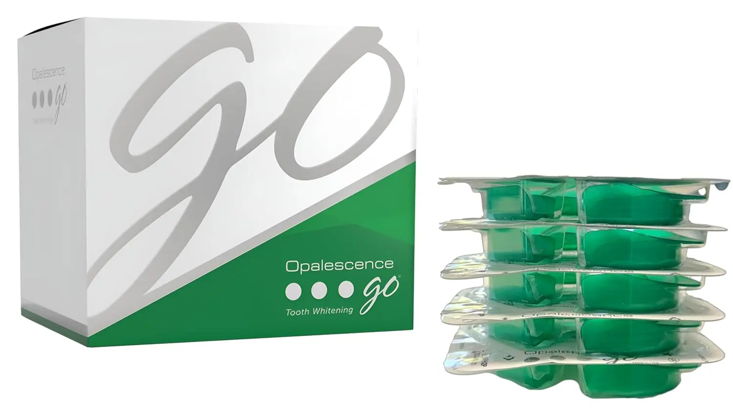 This image shows a four-pack of Opalescence Go 15% mint flavored teeth whitening trays designed to conveniently and effectively whiten teeth while reducing sensitivity and fighting tooth decay.