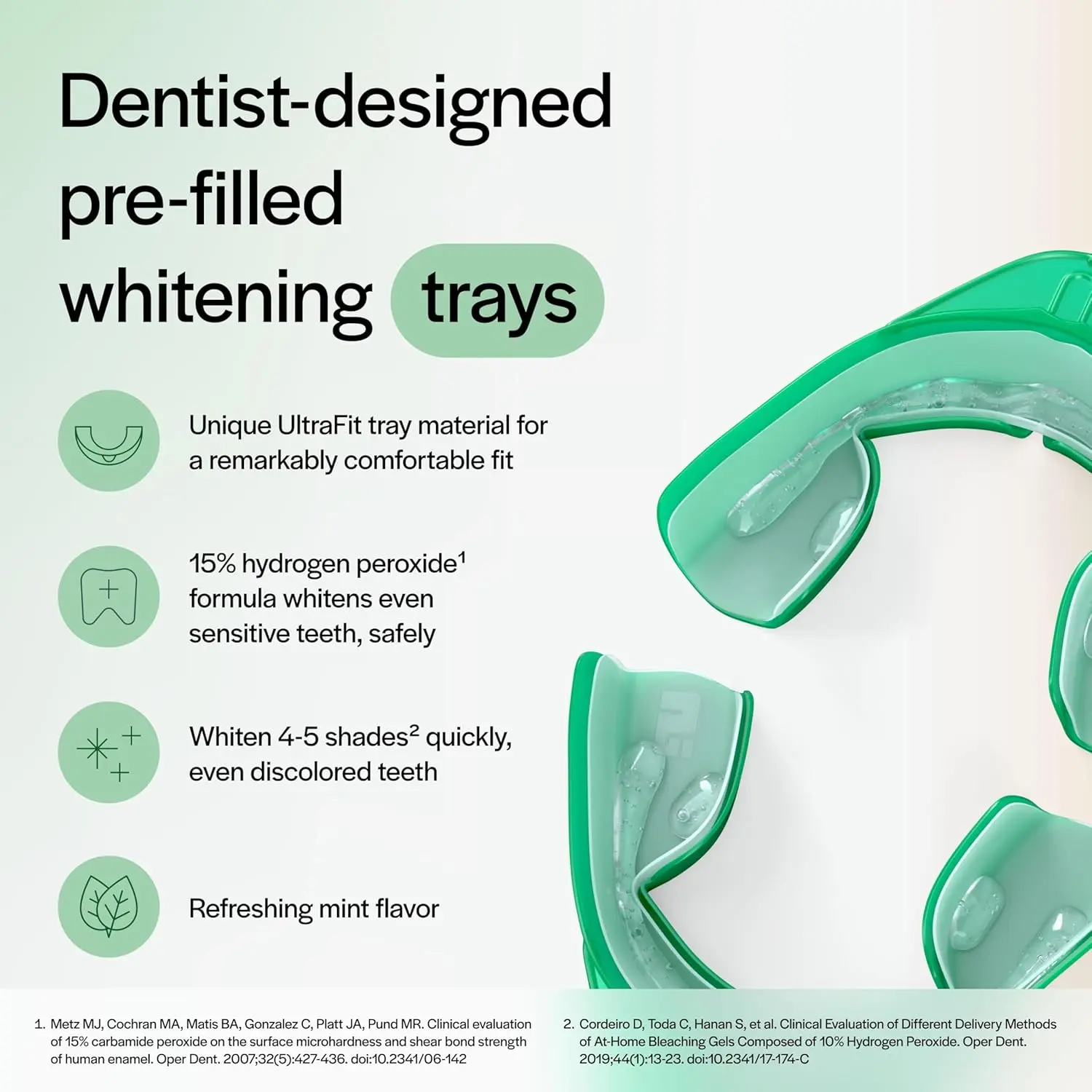 This image shows a four-pack of Opalescence Go 15% mint flavored teeth whitening trays designed to conveniently and effectively whiten teeth while reducing sensitivity and fighting tooth decay.