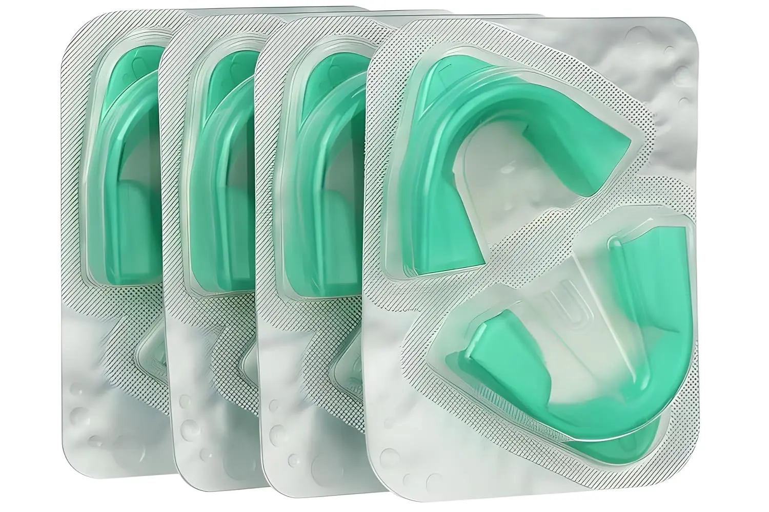 This image shows a four-pack of Opalescence Go 15% mint flavored teeth whitening trays designed to conveniently and effectively whiten teeth while reducing sensitivity and fighting tooth decay.