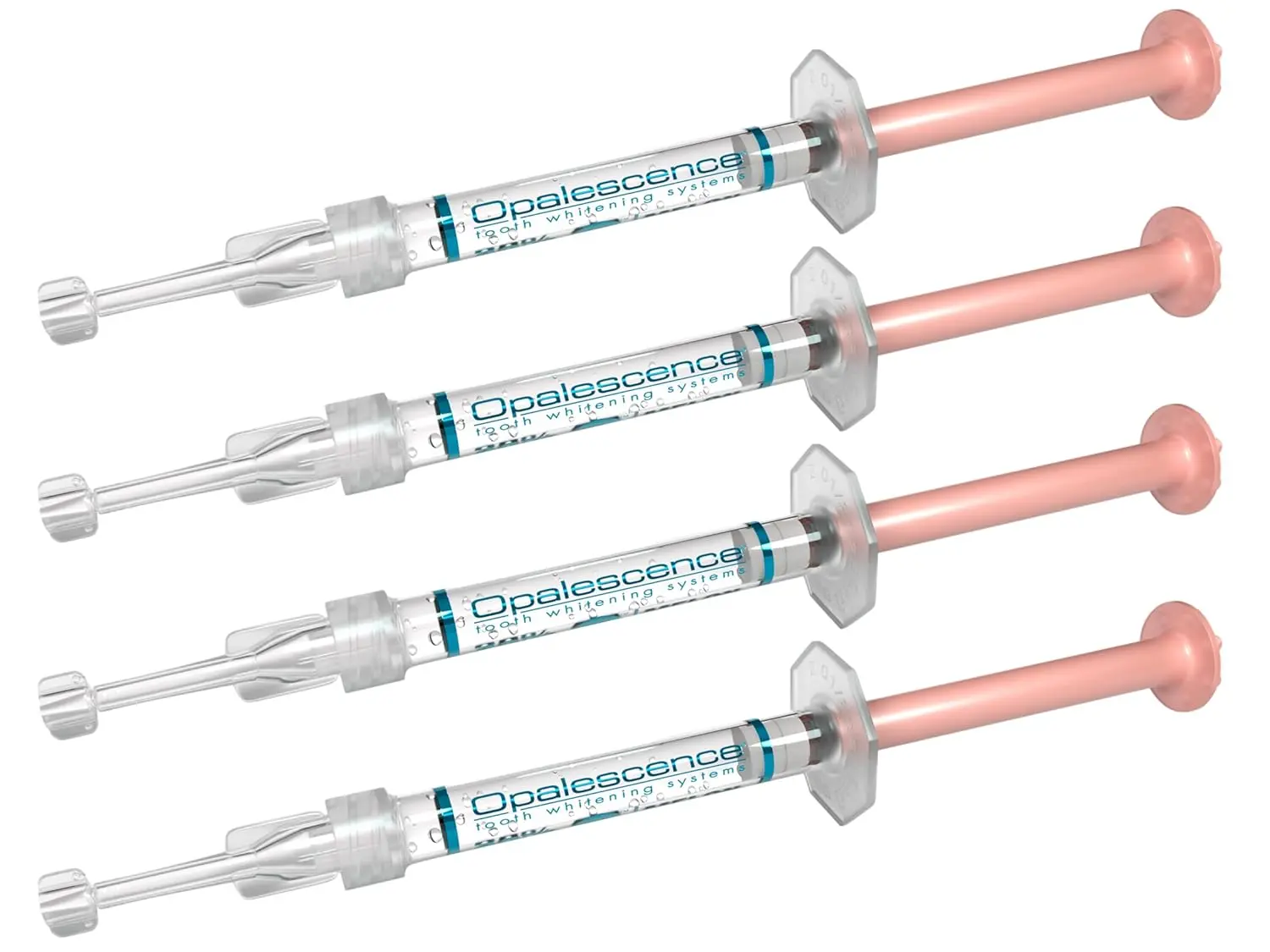 Four Opalescence PF 10% melon-flavored tooth whitening syringes from the Opalescence brand.