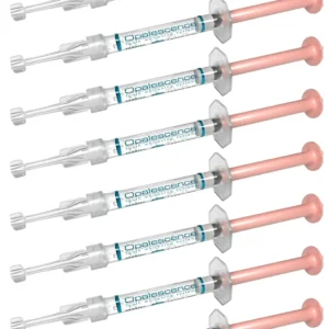 Eight Opalescence PF 20% carbamide peroxide tooth whitening gel syringes with a melon flavor for use with custom trays to achieve a brighter smile.
