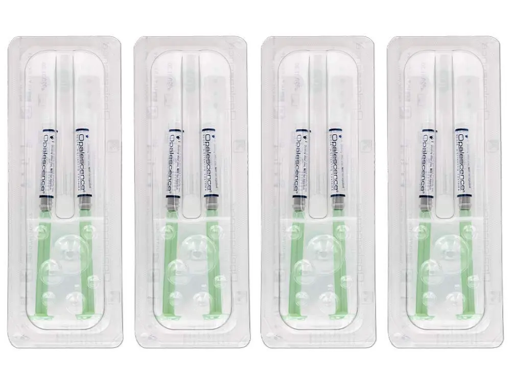 Eight syringes of Opalescence PF Mint sustained-release teeth whitening gel for custom trays.
