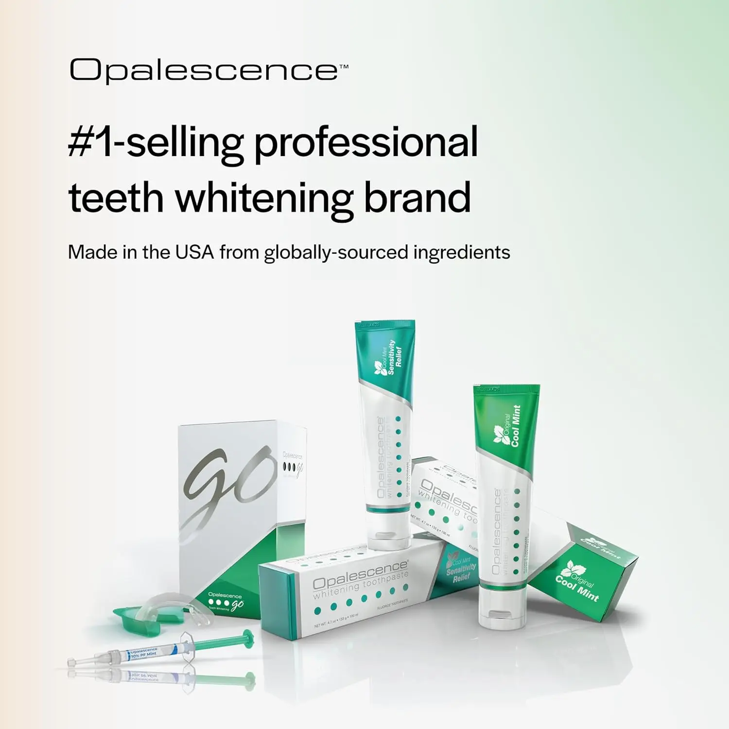 Opalescence 10 percent carbamide peroxide teeth whitening gel syringes in mint flavor for at-home dental care and a professional teeth whitening experience.