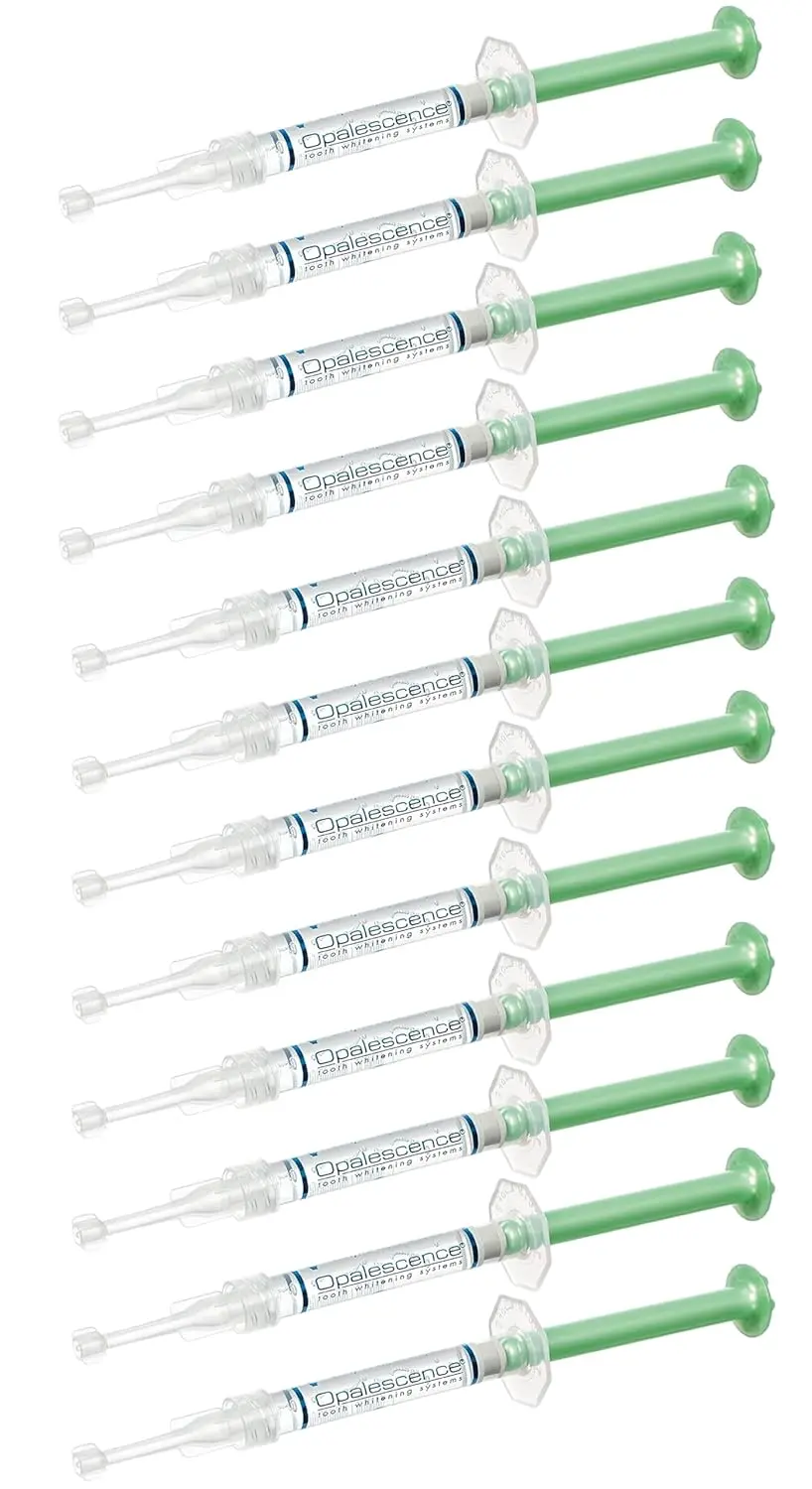 Twelve syringes of Opalescence PF 20% mint flavored tooth whitener for at-home use.