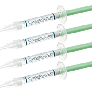 Four Opalescence PF 15% mint flavored teeth whitening syringes, properly packaged for convenient and effective at-home use.