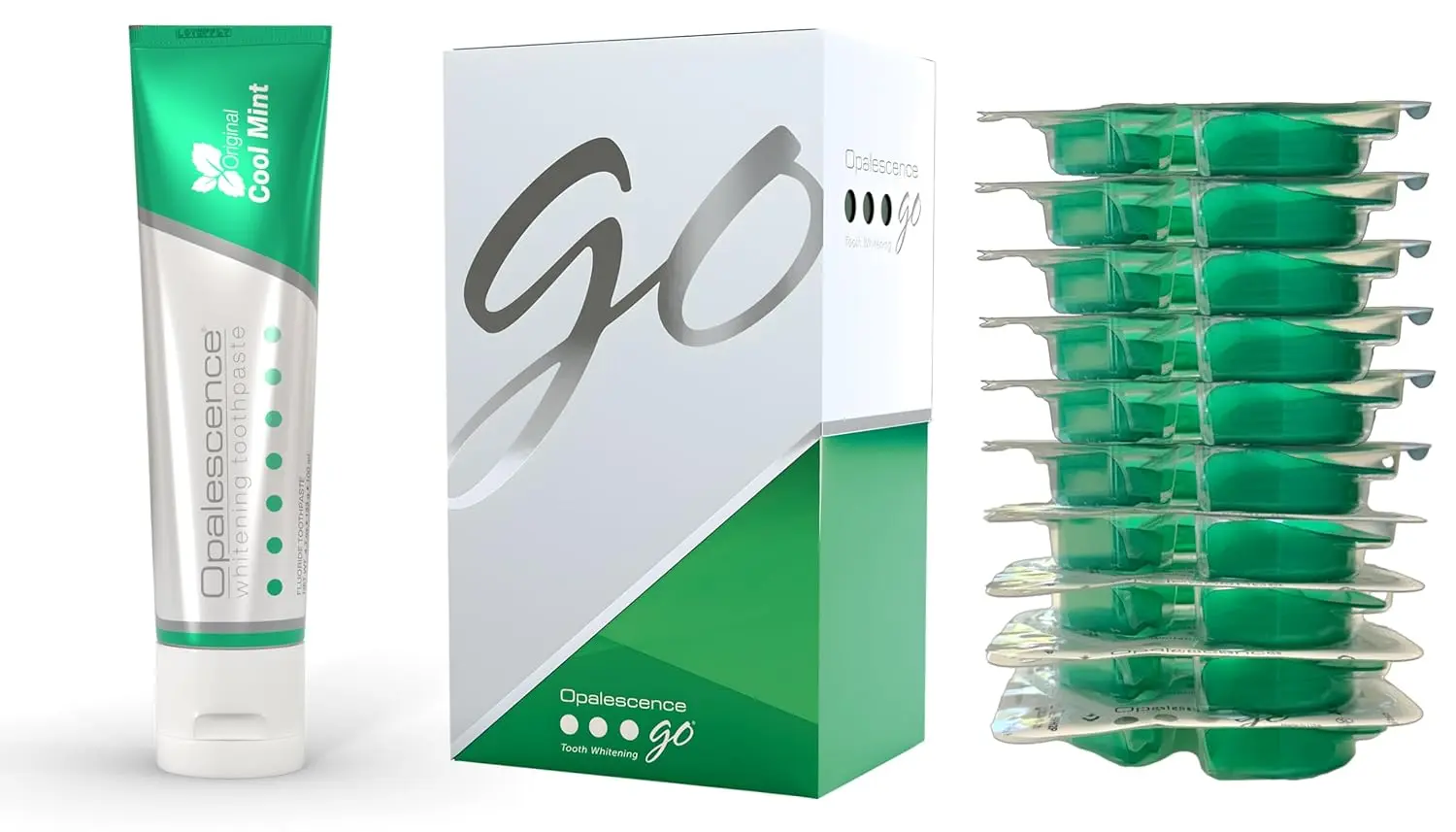 Opalescence Go 10% hydrogen peroxide prefilled teeth whitening trays kit bundled with Opalescence Whitening Toothpaste in Original Cool Mint flavor.
