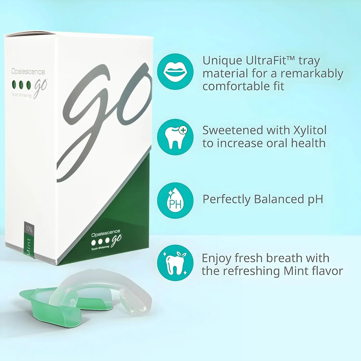 Opalescence Go 10% hydrogen peroxide prefilled teeth whitening trays kit bundled with Opalescence Whitening Toothpaste in Original Cool Mint flavor.