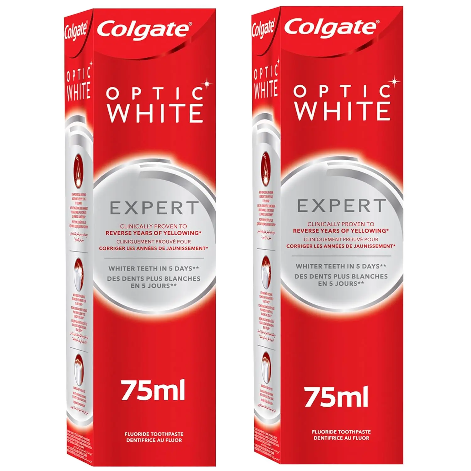Two-pack of Colgate Optic White Expert Whitening Toothpaste promises visibly whiter teeth in 5 days with its enamel-safe, professional whitening formula, packaged in an easy-to-use recyclable tube.