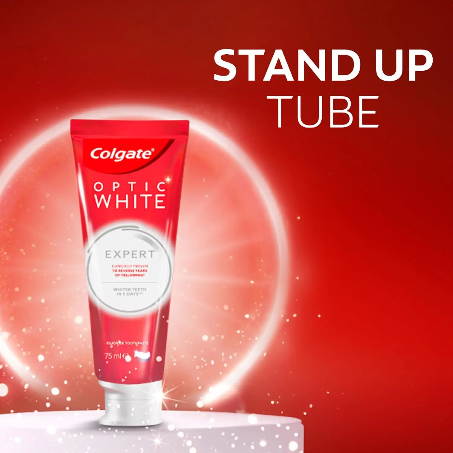 Two-pack of Colgate Optic White Expert Whitening Toothpaste promises visibly whiter teeth in 5 days with its enamel-safe, professional whitening formula, packaged in an easy-to-use recyclable tube.