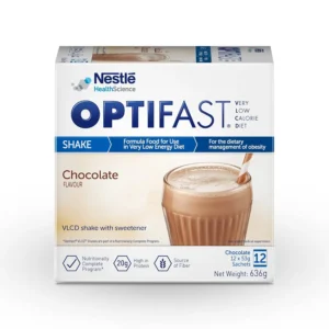 This is a bag of Optifast Very Low Calorie Diet chocolate flavored shake mix, containing 12 servings in a 636g package.