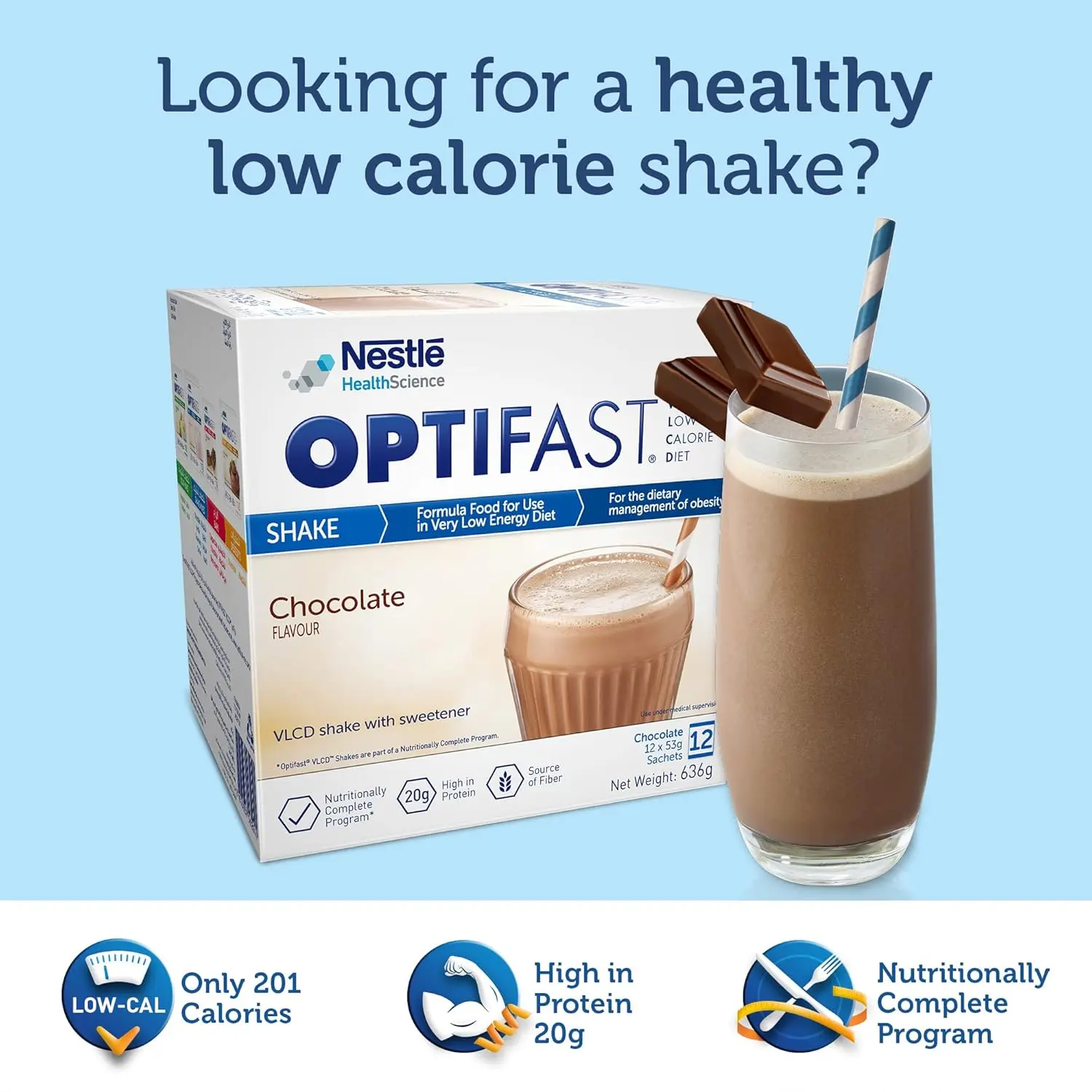 This is a bag of Optifast Very Low Calorie Diet chocolate flavored shake mix, containing 12 servings in a 636g package.