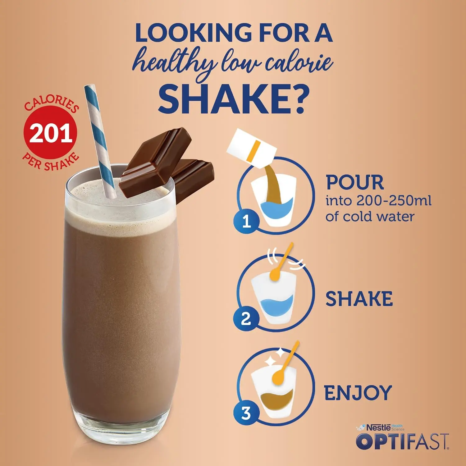 This is a bag of Optifast Very Low Calorie Diet chocolate flavored shake mix, containing 12 servings in a 636g package.