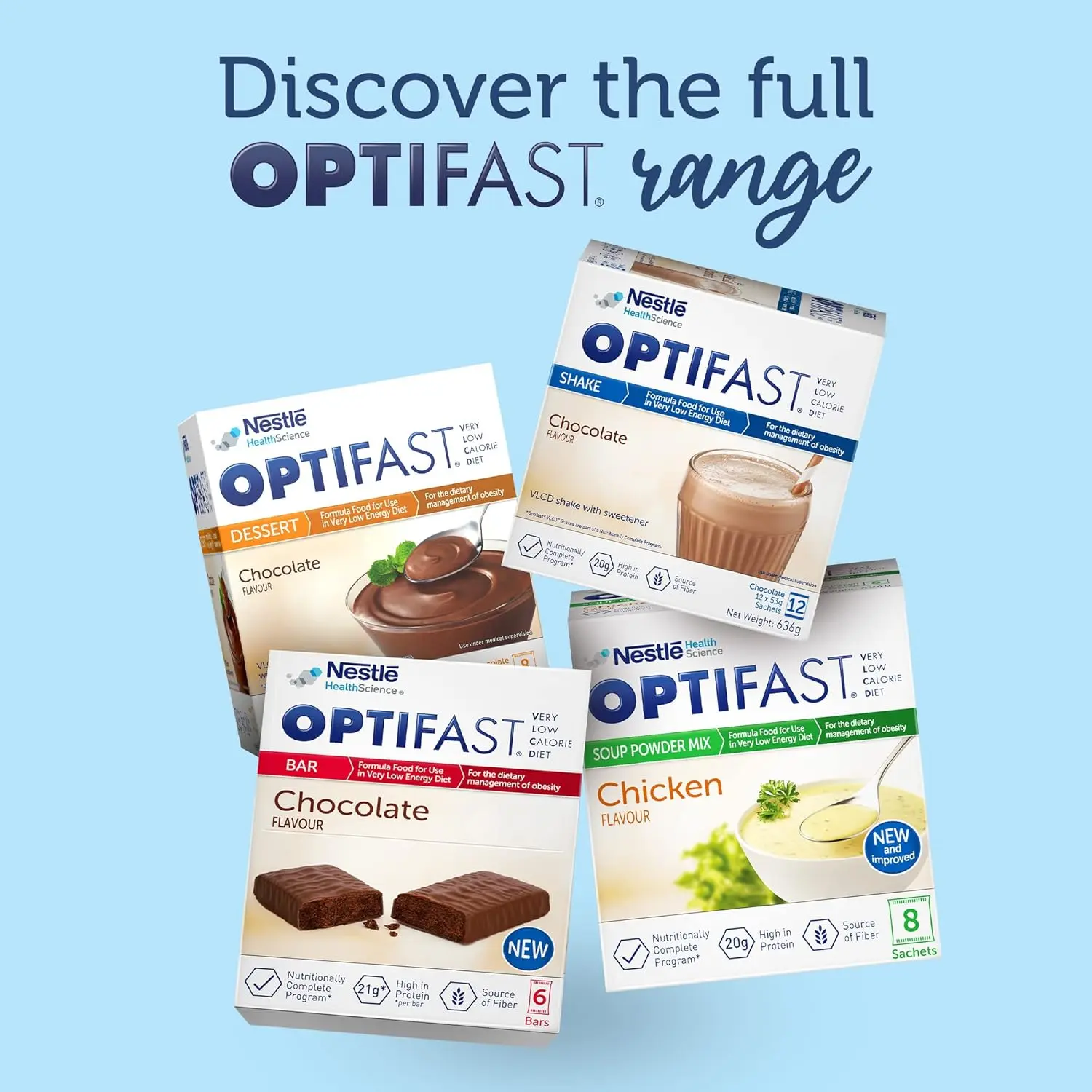 This is a bag of Optifast Very Low Calorie Diet chocolate flavored shake mix, containing 12 servings in a 636g package.
