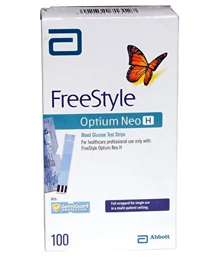 This package contains 100 Optimum test strips for blood glucose monitoring, formulated with care and packed with goodness for reliable results; refer to packaging for proper use.