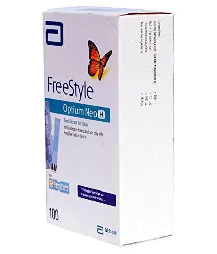 This package contains 100 Optimum test strips for blood glucose monitoring, formulated with care and packed with goodness for reliable results; refer to packaging for proper use.