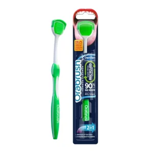 A single Orabrush Tongue Cleaner in an assorted color is shown, designed to remove bacteria and freshen breath.