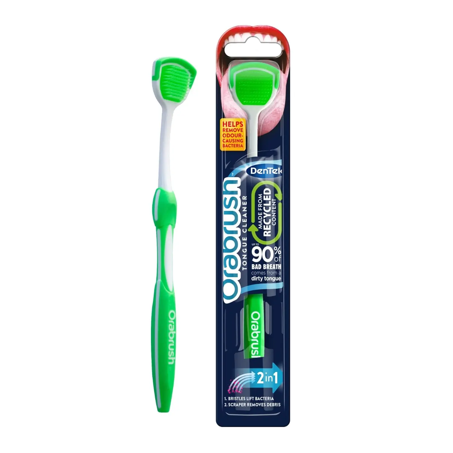 A single Orabrush Tongue Cleaner in an assorted color is shown, designed to remove bacteria and freshen breath.