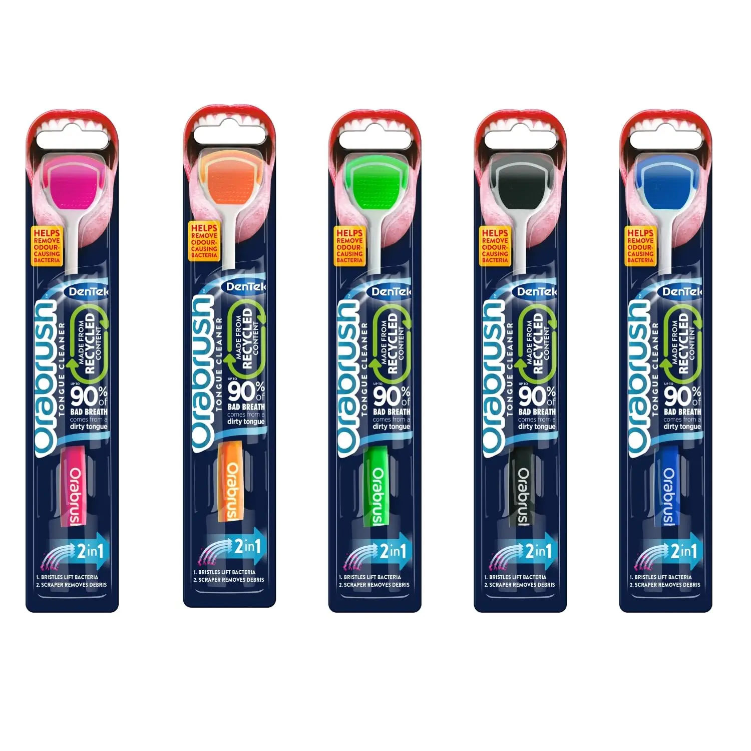A single Orabrush Tongue Cleaner in an assorted color is shown, designed to remove bacteria and freshen breath.