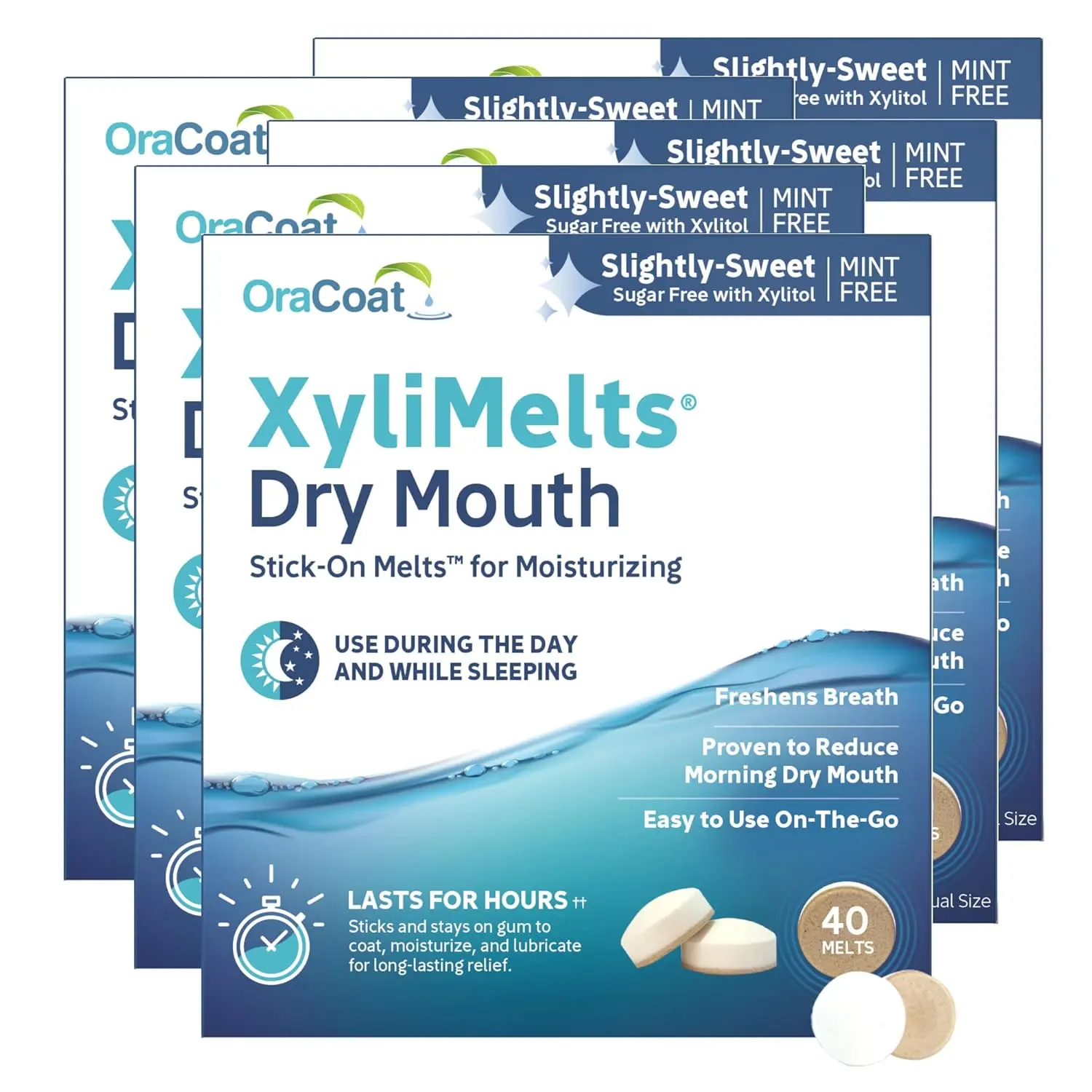 Five packs of Archipelag Oracoat XyliMelts for dry mouth relief, mint-free.