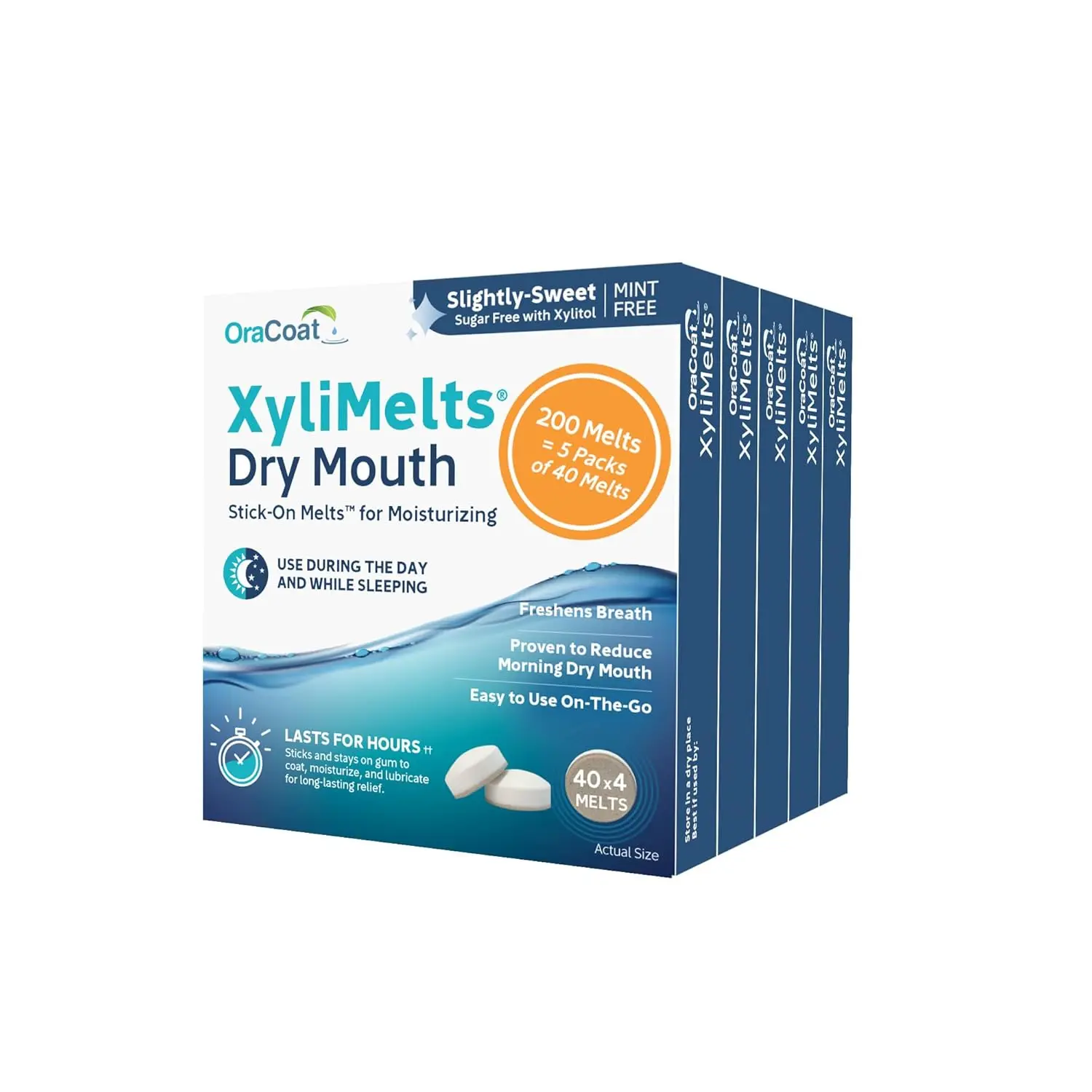 Five packs of Archipelag Oracoat XyliMelts for dry mouth relief, mint-free.