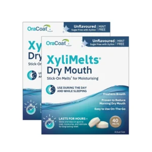 Two packs of 40 Oracoat Orahealth XyliMelts mint-free discs for dry mouth relief.