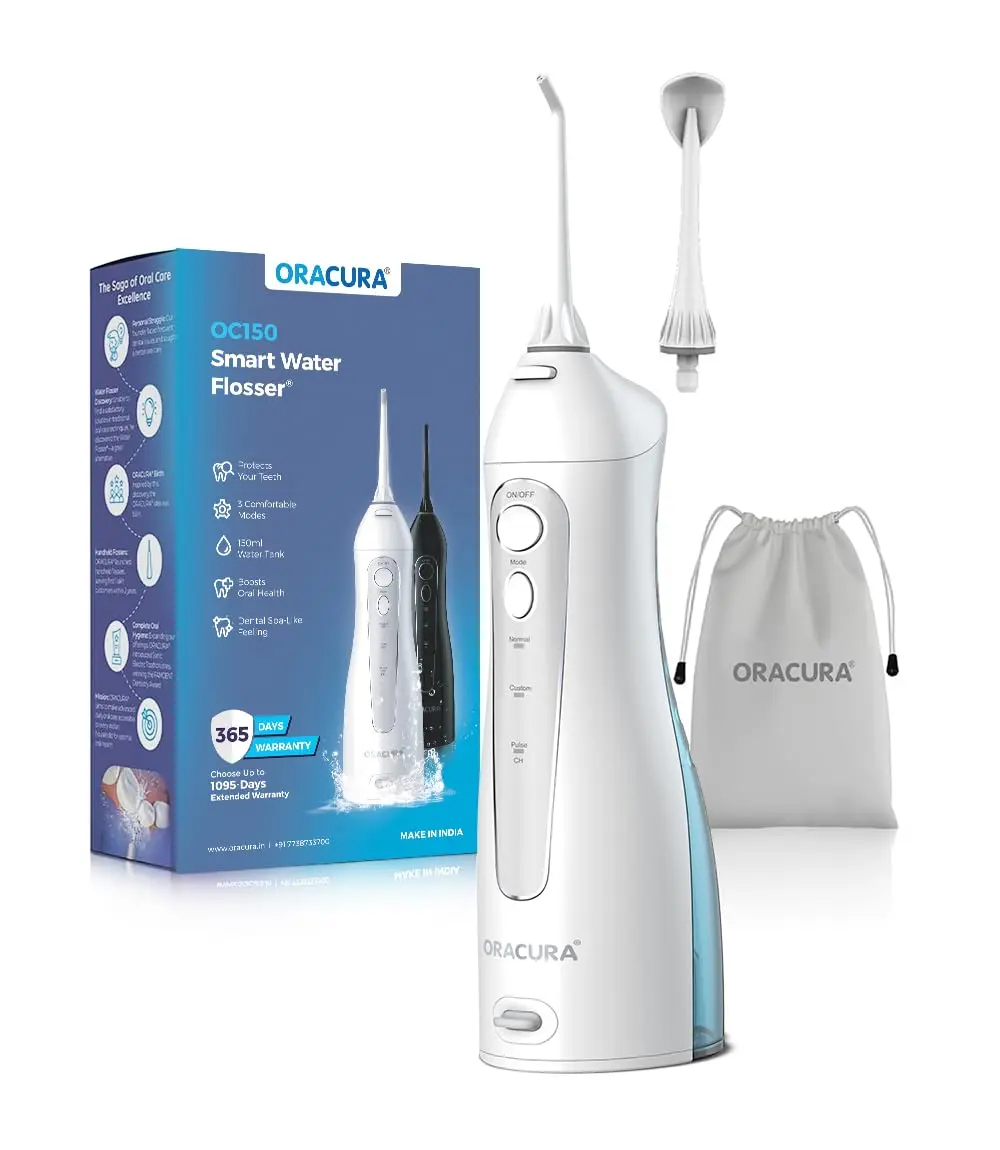 White Oracura water flosser with two nozzles, a USB charging cable, and a user manual for effective plaque removal and improved gum health.