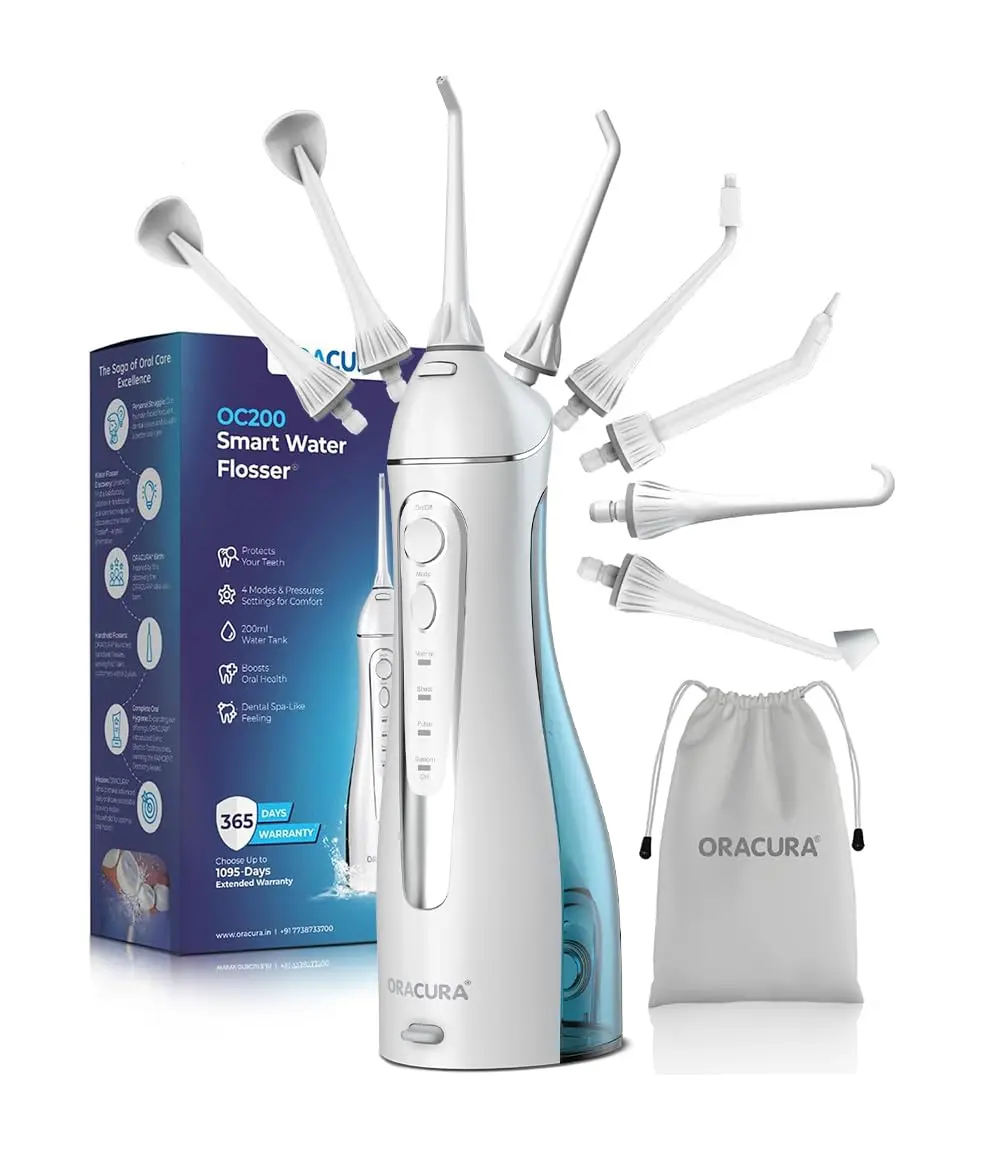 The ORACURA OC200 water flosser provides advanced dental cleaning with 8 pressure settings, 8 nozzle tips, a rechargeable battery for travel, and a waterproof design for easy use.