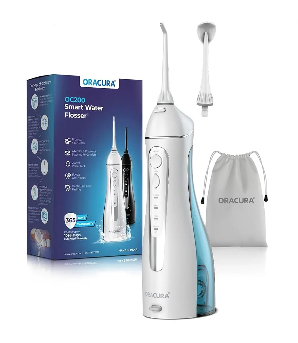 The Oracura OC200 Lite water flosser in white effectively removes plaque with 8 water pressure settings and 4 modes for improved oral hygiene, including a pulse mode for healthier gums, and comes with five nozzles and a USB charging cable.