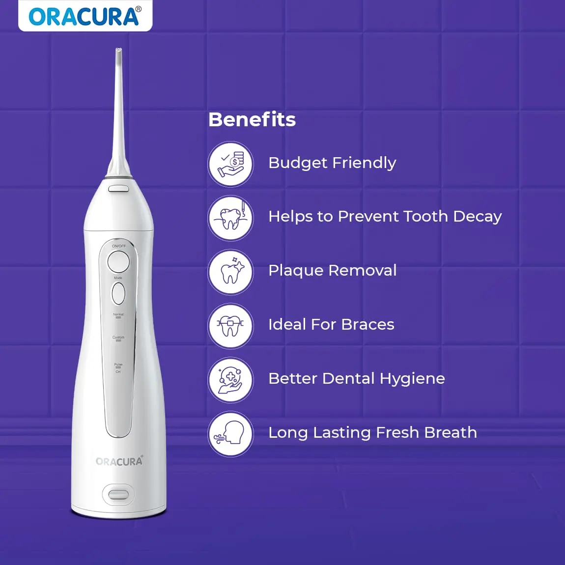 White Oracura water flosser with two nozzles, a USB charging cable, and a user manual for effective plaque removal and improved gum health.
