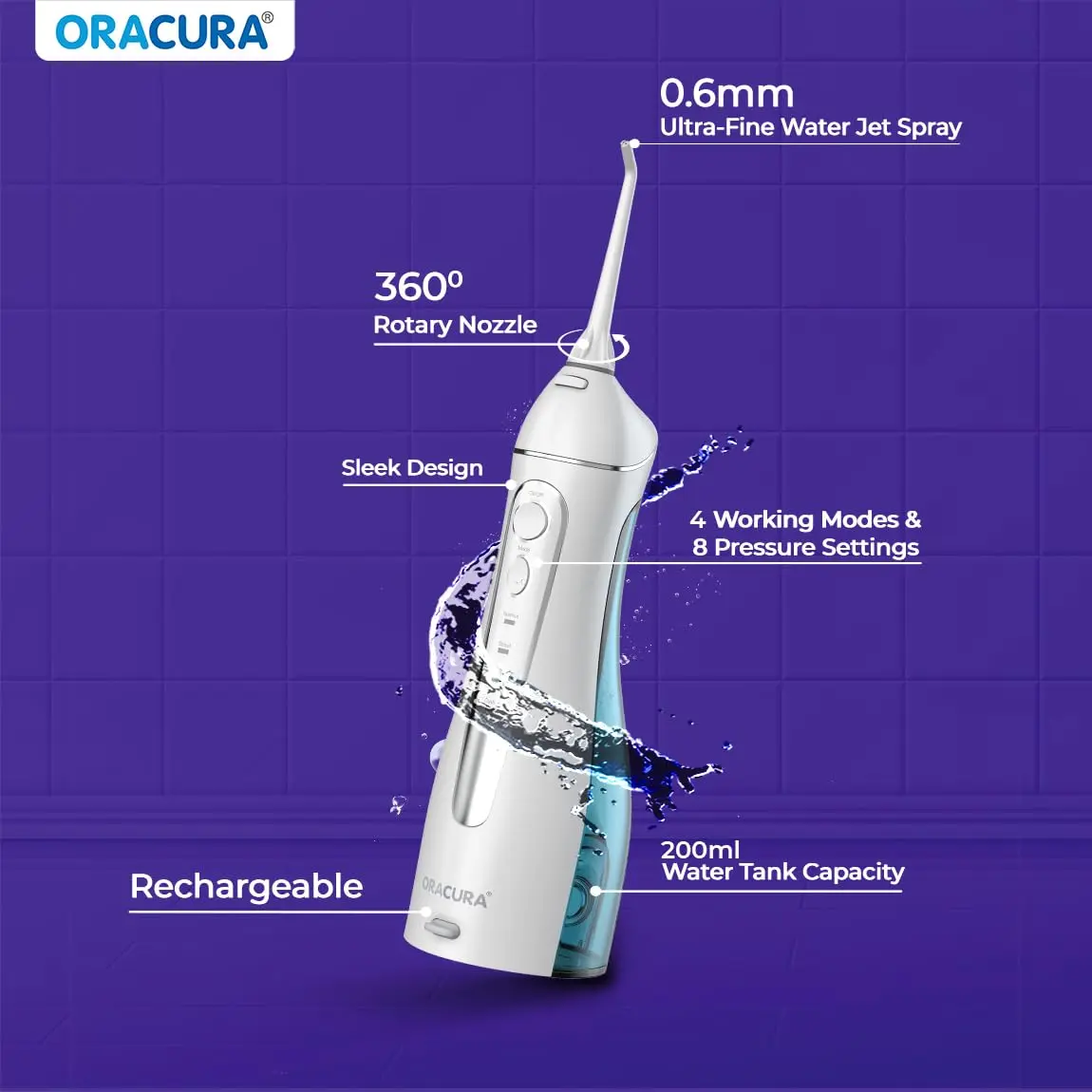 The ORACURA OC200 water flosser provides advanced dental cleaning with 8 pressure settings, 8 nozzle tips, a rechargeable battery for travel, and a waterproof design for easy use.