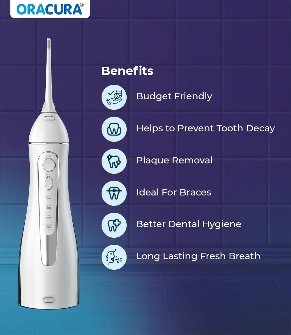 The Oracura OC200 Lite water flosser in white effectively removes plaque with 8 water pressure settings and 4 modes for improved oral hygiene, including a pulse mode for healthier gums, and comes with five nozzles and a USB charging cable.