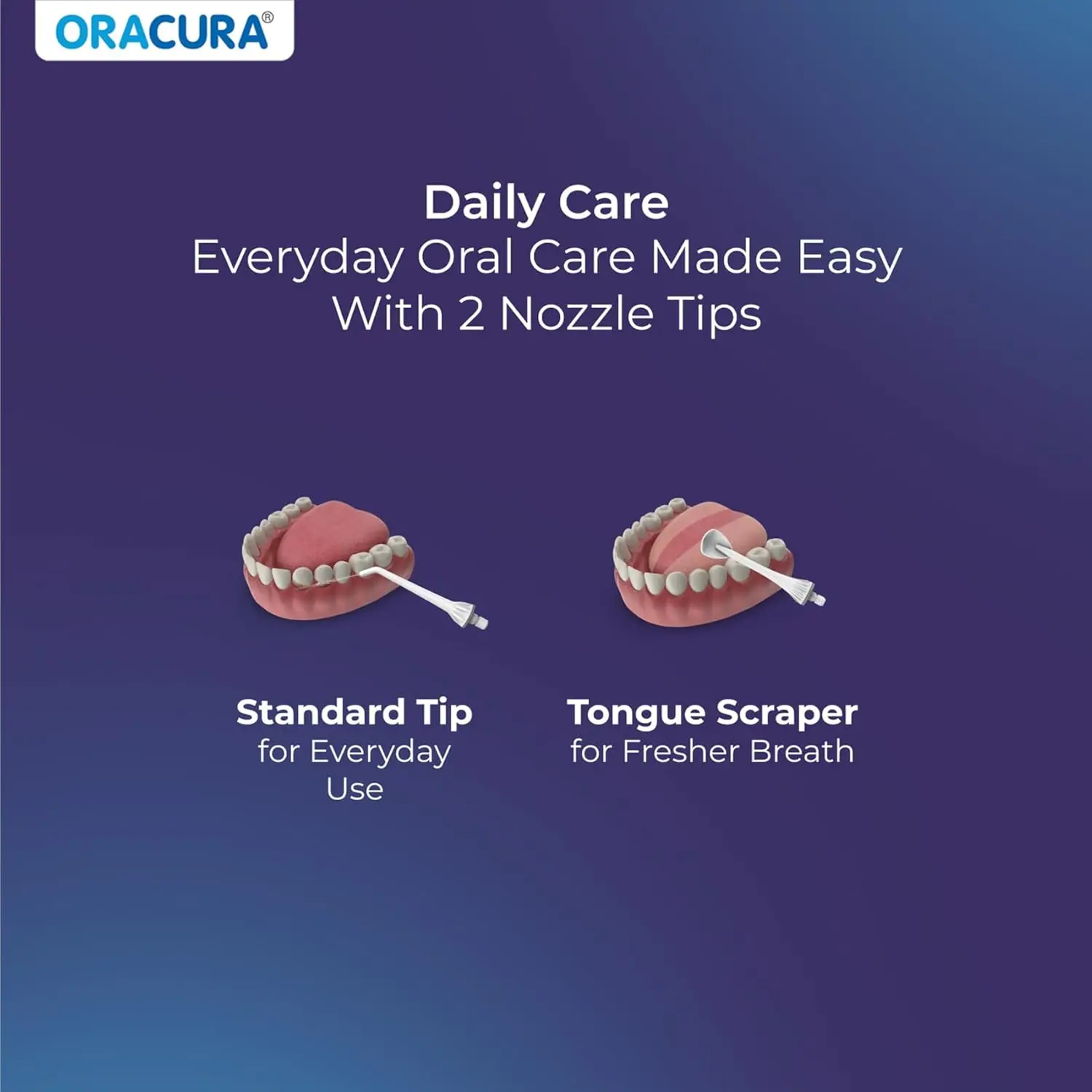 White Oracura water flosser with two nozzles, a USB charging cable, and a user manual for effective plaque removal and improved gum health.