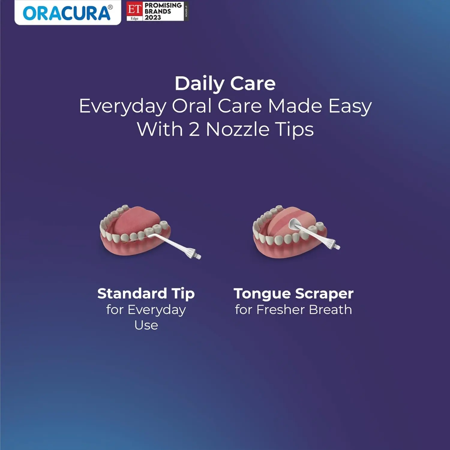 The Oracura OC200 Lite water flosser in white effectively removes plaque with 8 water pressure settings and 4 modes for improved oral hygiene, including a pulse mode for healthier gums, and comes with five nozzles and a USB charging cable.