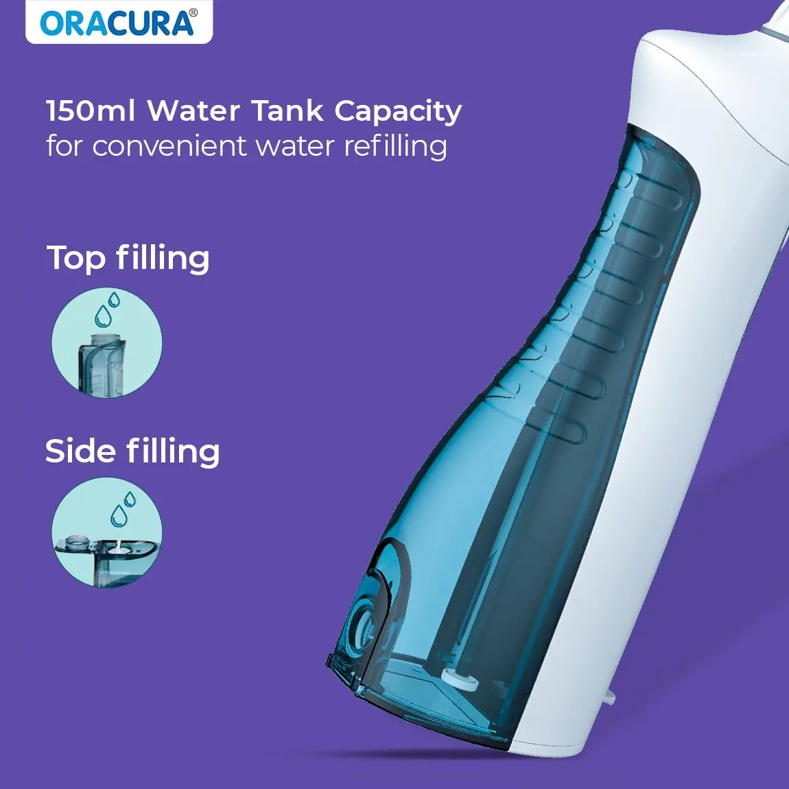White Oracura water flosser with two nozzles, a USB charging cable, and a user manual for effective plaque removal and improved gum health.