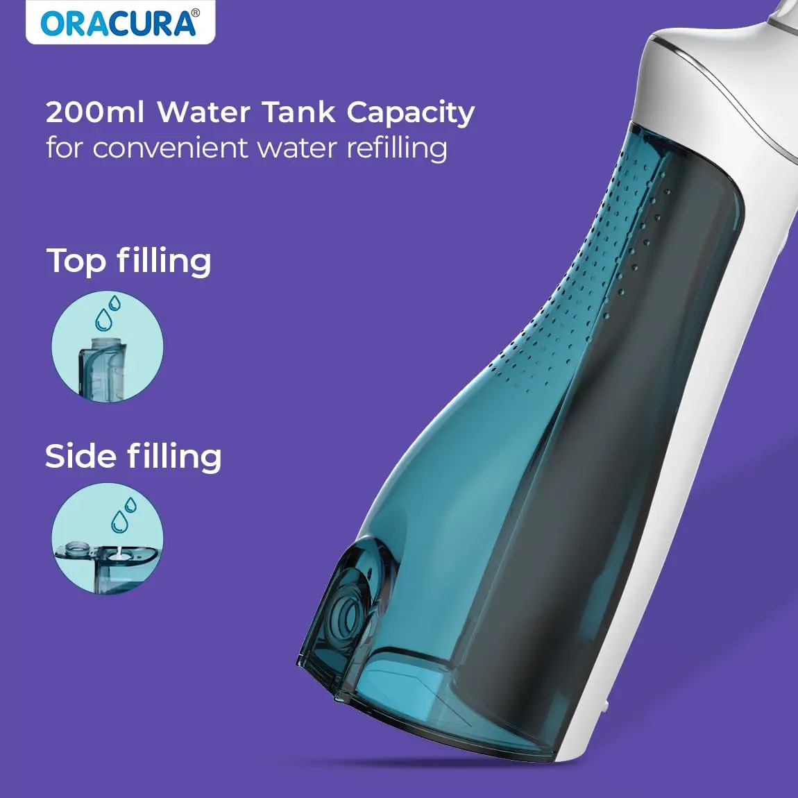 The ORACURA OC200 water flosser provides advanced dental cleaning with 8 pressure settings, 8 nozzle tips, a rechargeable battery for travel, and a waterproof design for easy use.