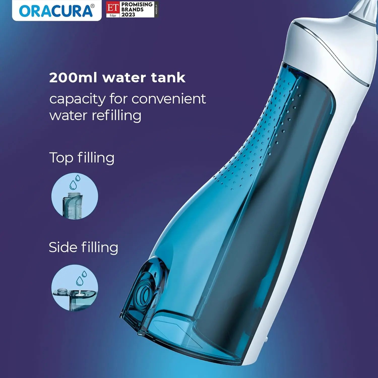 The Oracura OC200 Lite water flosser in white effectively removes plaque with 8 water pressure settings and 4 modes for improved oral hygiene, including a pulse mode for healthier gums, and comes with five nozzles and a USB charging cable.