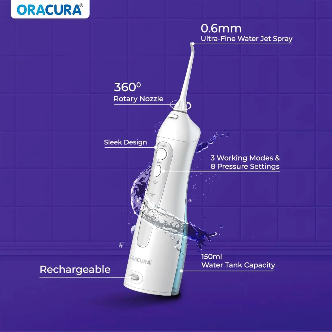 White Oracura water flosser with two nozzles, a USB charging cable, and a user manual for effective plaque removal and improved gum health.