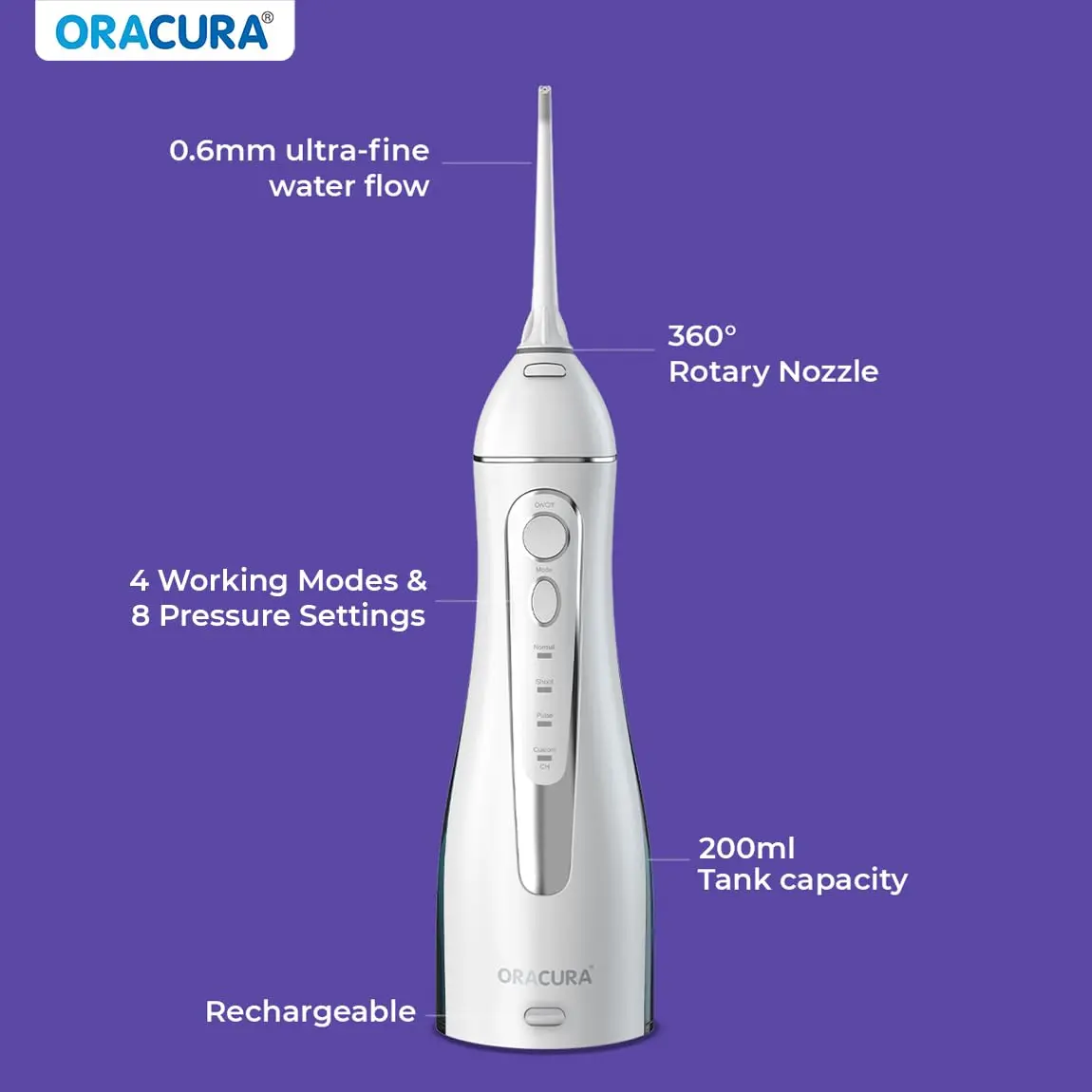 The ORACURA OC200 water flosser provides advanced dental cleaning with 8 pressure settings, 8 nozzle tips, a rechargeable battery for travel, and a waterproof design for easy use.