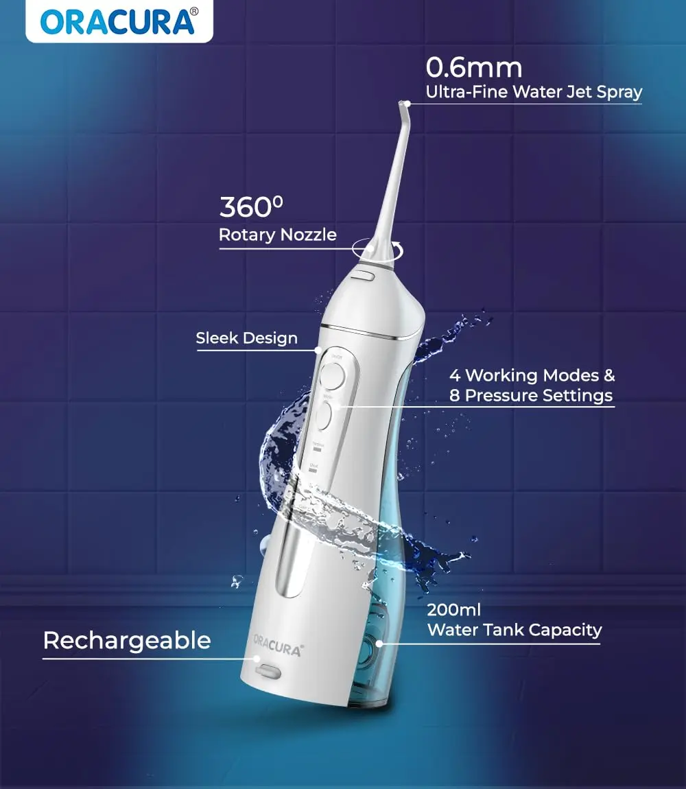The Oracura OC200 Lite water flosser in white effectively removes plaque with 8 water pressure settings and 4 modes for improved oral hygiene, including a pulse mode for healthier gums, and comes with five nozzles and a USB charging cable.