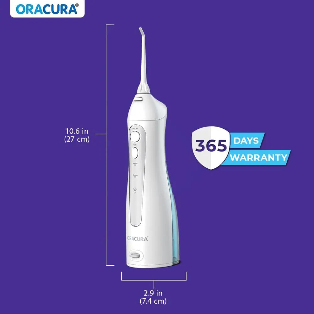White Oracura water flosser with two nozzles, a USB charging cable, and a user manual for effective plaque removal and improved gum health.